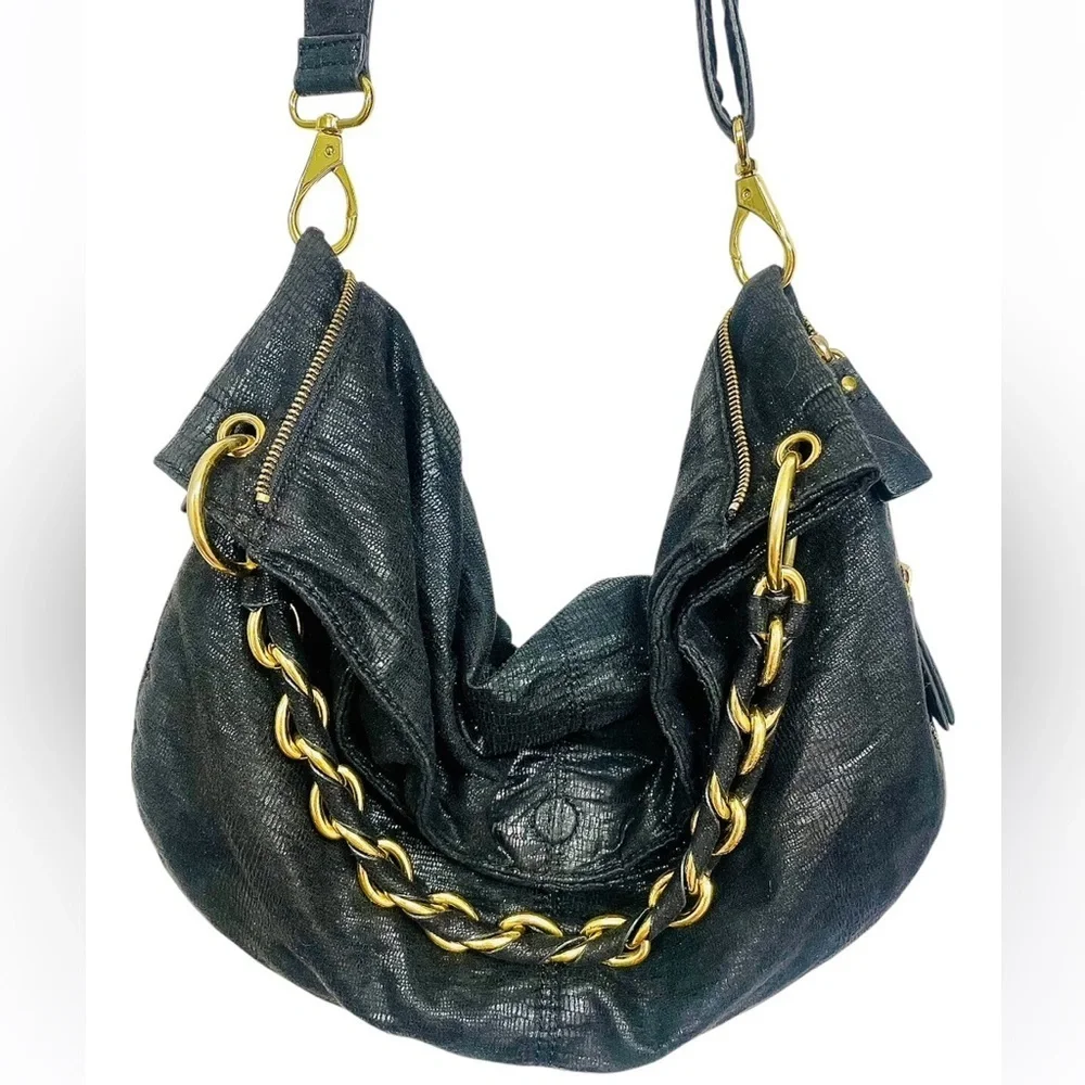 Armani Exchange Black Leather Expandable Slouchy Hobo Chain Shoulder Bag